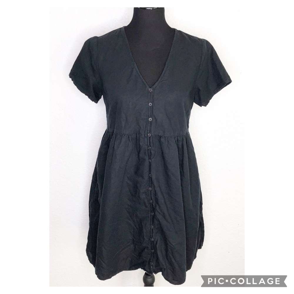 Madewell black linen blend button front v neck dress size Small
